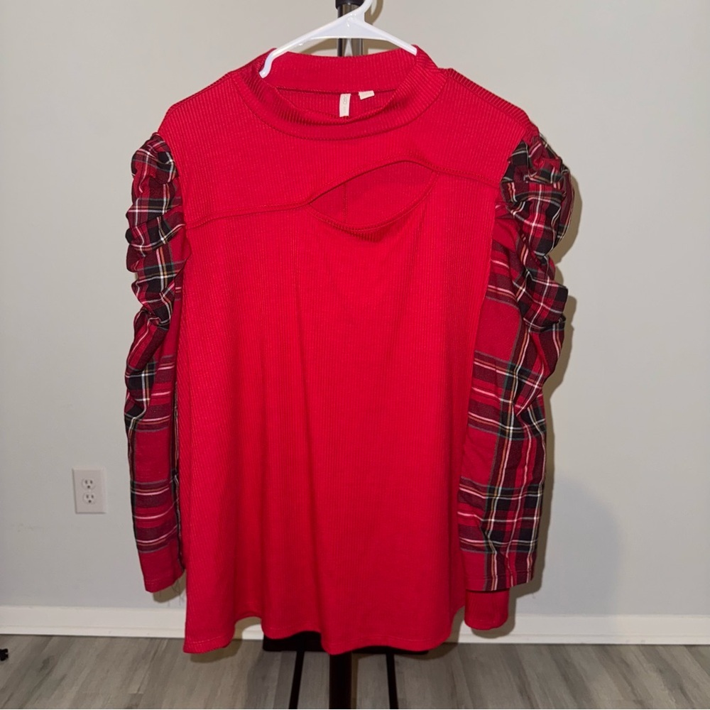 Cato Women’s Size 22/24W Peek A Boo Red Black Plaid Long Sleeve Blouse